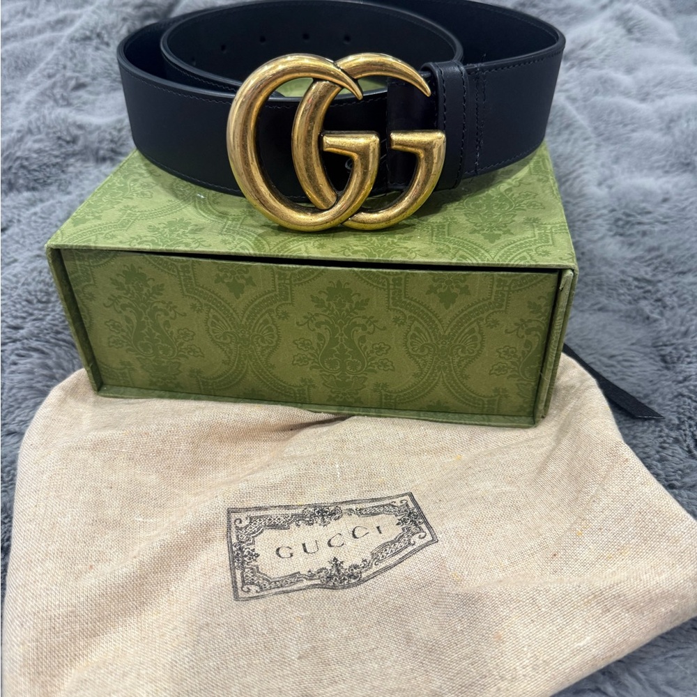 Gucci Black Leather Belt with Gold Double G Buckle